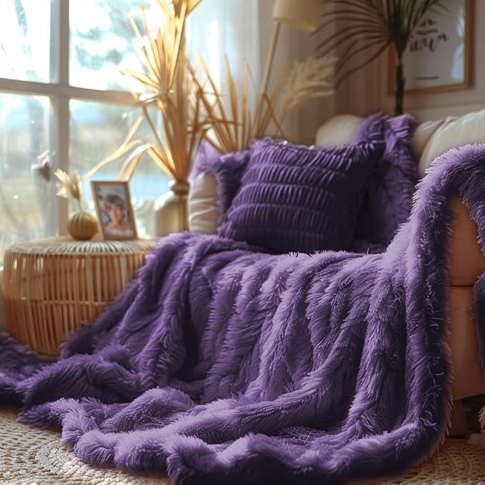 Hyde Lane Purple Fuzzy Throw Blanket, 2 Way Reversible Ultra Soft Long Faux Fur Throws, Shaggy Cozy Fluffy Blankets for Couch Sofa Home Decor, 60x80