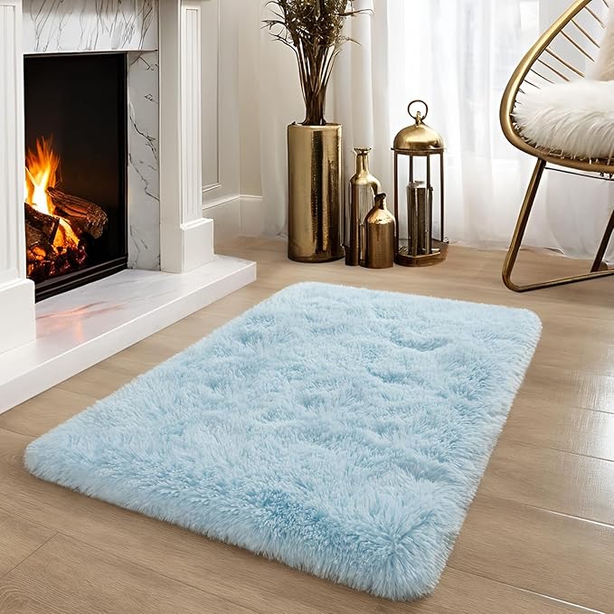 YJ.GWL Runner Rugs for Hallway, 2x4 Washable Small Light Blue Bedside Rugs for Living Room Bedroom, Soft Fluffy Shaggy Indoor Floor Carpet for Kids Boy and Girls Room Nursery Home Decor Aesthetic
