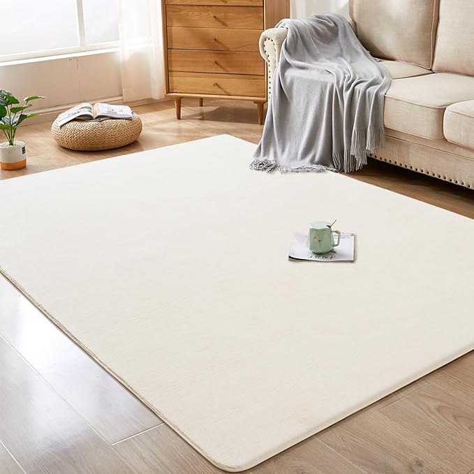 Softlife 4x6 Area Rug for Bedroom Living Room, Solid Non-Slip Fluffy Carpet with Soft Low Pile for Kids Boys Girls, Machine Washable Fuzzy Aethetic Rugs Home Dorm Decor, Creamy White