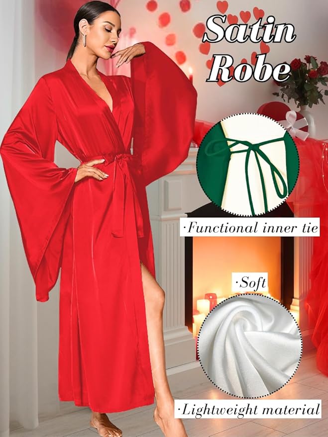 ChiaoLezhee Satin Long Robe For Women, Soft Lightweight Silk, Bride Wedding Night, Bridal Bathrobe Sexy Bathrobes Bridesmaid
