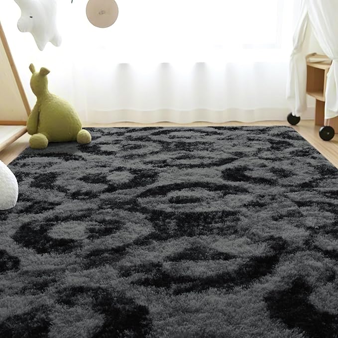 ISEAU 4x6 Rug for Bedroom, Charcoal Gray Geometric Pattern Fluffy Area Rug for Living Room, Kitchen, Soft Shag Carpets, Plush and Machine Washable Mats, Nursery Floors Mat, Boys Room Carpet Decor