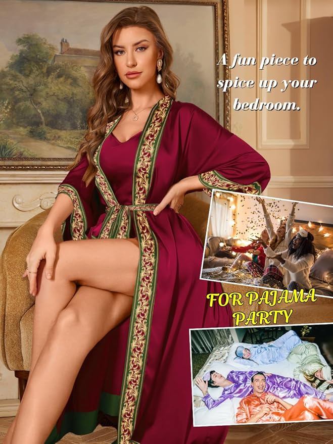 ChiaoLezhee Satin Robe Sets For Women, 2-PC Lightweight Bathrobe, Silk Sleepwear Kimono Bridesmaid Sexy Robes
