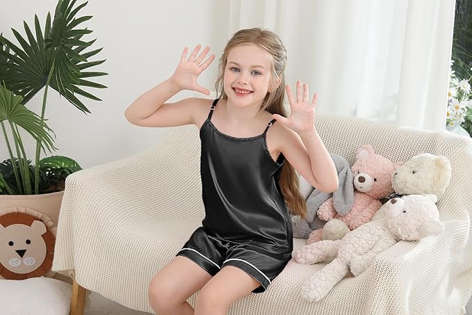 Weixinbuy Girls Pajamas Silk PJS Set Sleeveless Pajama Tank Elastic Waist Shorts Sleepwear Kids Summer Nightwear Clothes Set