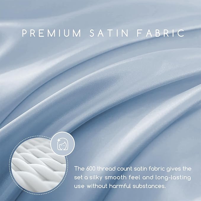MR&HM Satin Bed Sheets with Elastic Corner Straps, Full Size Sheets Set, 4 Pcs Silky Bedding Set with 15 Inches Deep Pocket for Mattress (Full, Blue Haze)