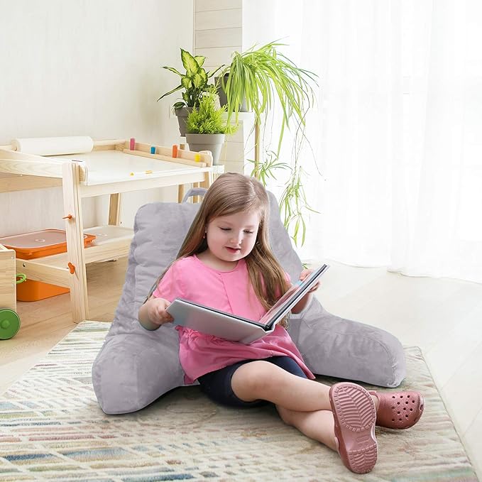Clara Clark Reading Pillow for Kids & Teens with Shredded Memory Foam, Backrest Pillows for Reading, Watching, and Gaming, Use on Couch, Bed, or Floor, Adjustable Support, Washable Cover Grey Lavender
