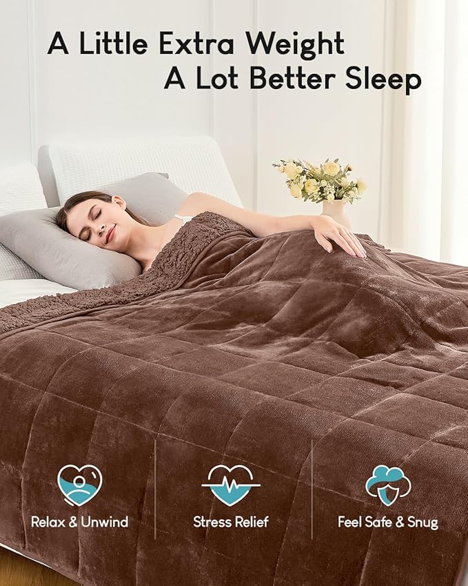 Cottonblue Weighted Blanket for Adults 20lbs Queen Size 60x80 in, Cozy Flannel Sherpa Fleece Weighted Throw Blankets Comfortable for Calming and Relax, Shaggy Bed Sofa Heavy Blankets, Chocolate Brown
