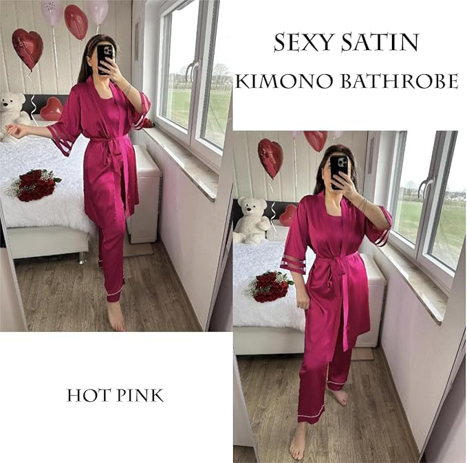 Ekouaer Women's Satin Robe Silk Kimono Bathrobe Bridesmaid Wedding Bridal Party Robes 3/4 Bell Sleeve Sleepwear S-XXL