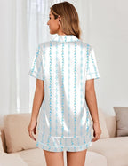 Ekouaer Womens Satin Silk Pajamas Set Short Sleeve Sleepwear Button Down Top and Shorts Loungewear 2 Piece Pjs Set S-XXL