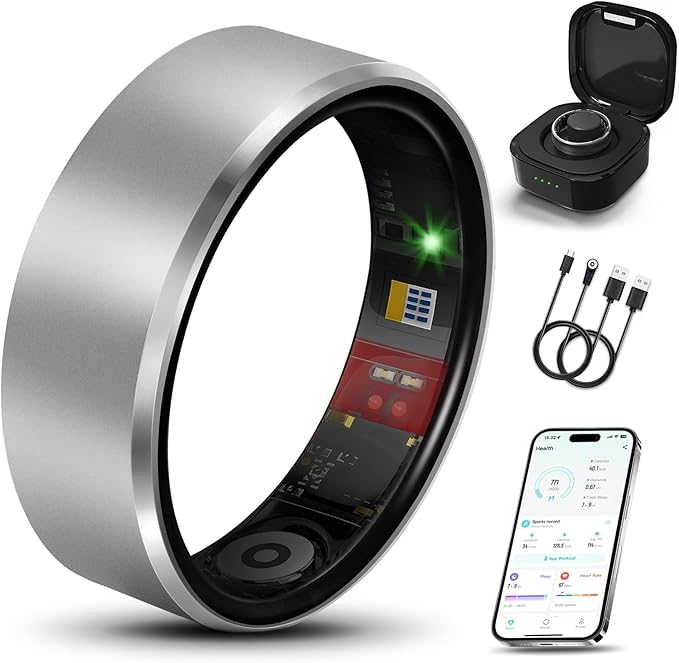Smart Health Ring 2.0 for Women Men, Slim Scratch & Fingerprint Resistant Design, Efficient Chip Fitness Tracker, Monitors Heart, Blood Oxygen & Pressure, Sleep, Steps, Waterproof, Silver 9