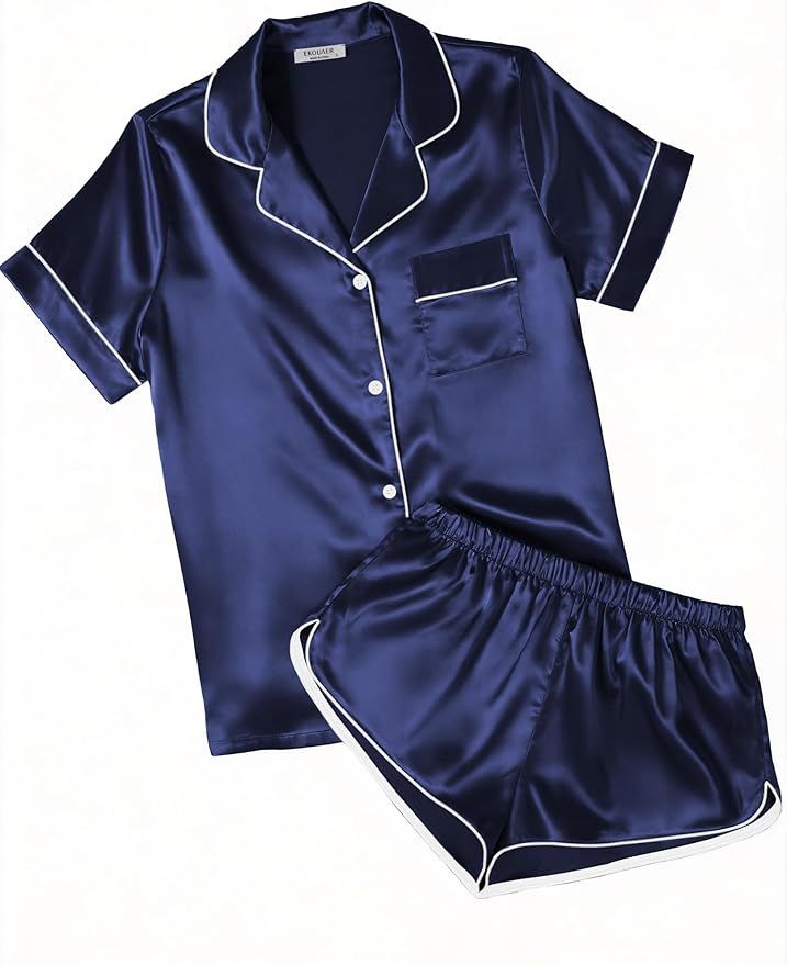 Ekouaer Womens Silk Satin Pajamas Short Sleeve PJS Shorts Set Soft Button Down Sleepwear 2 Piece Loungewear S-5XL