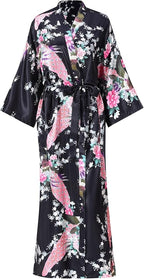 Women's Floral Long Satin Robes Plus Size Long Silk Robes Peacock Floral Kimonos Sleepwear Dressing Gown