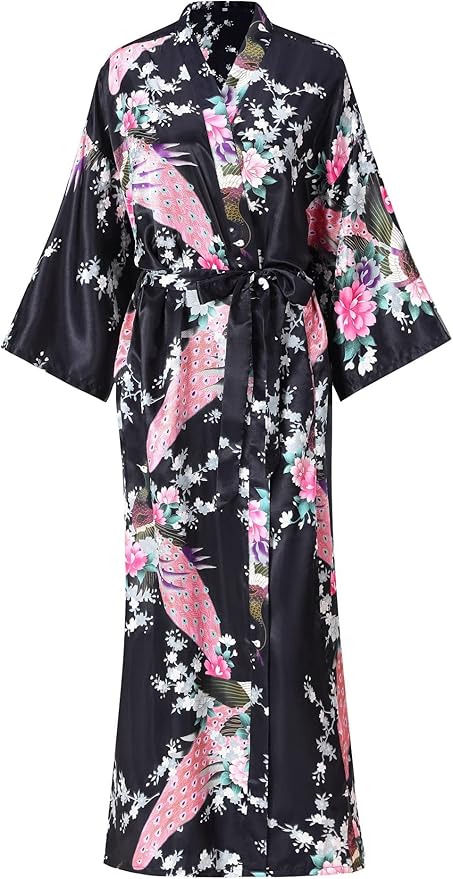 Women's Floral Long Satin Robes Plus Size Long Silk Robes Peacock Floral Kimonos Sleepwear Dressing Gown