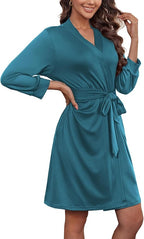 Ekouaer Women‘s Robes Lightweight 3/4 Sleeve Short Knit Bathrobe Soft Knee Length Sleepwear Robes with Pockets S-XXL