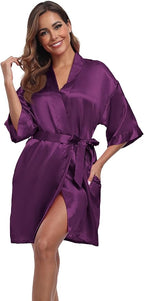 Women's Short Satin Robes Silky Bathrobe Bridesmaid Sleepwear for Wedding Party Getting Ready Solid Color