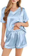Silk Pajamas for Women Short Sleeve Satin 2 Piece Pj Set Soft V Neck Sleepwear Loungewear, S-XXL