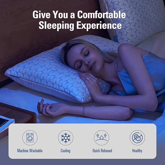 QUTOOL Firm Pillow Shredded Memory Foam, Cooling Pillow for Hot Sleeper, Adjustable Bed Pillow for Side Back Stomach Sleepers, Washable Cover, CertiPUR-US Certified, Standard Size