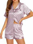 WJing Yi Jia Womens Silk Satin Pajamas Loungewear Two-Piece Sleepwear Button-Down Floral Pj Set XS-4XL