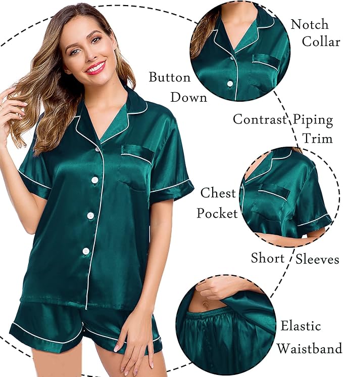 LecGee Womens Silk Satin Pajamas Short Sleeve Loungewear Two-Piece Sleepwear Button-Down Pj Set