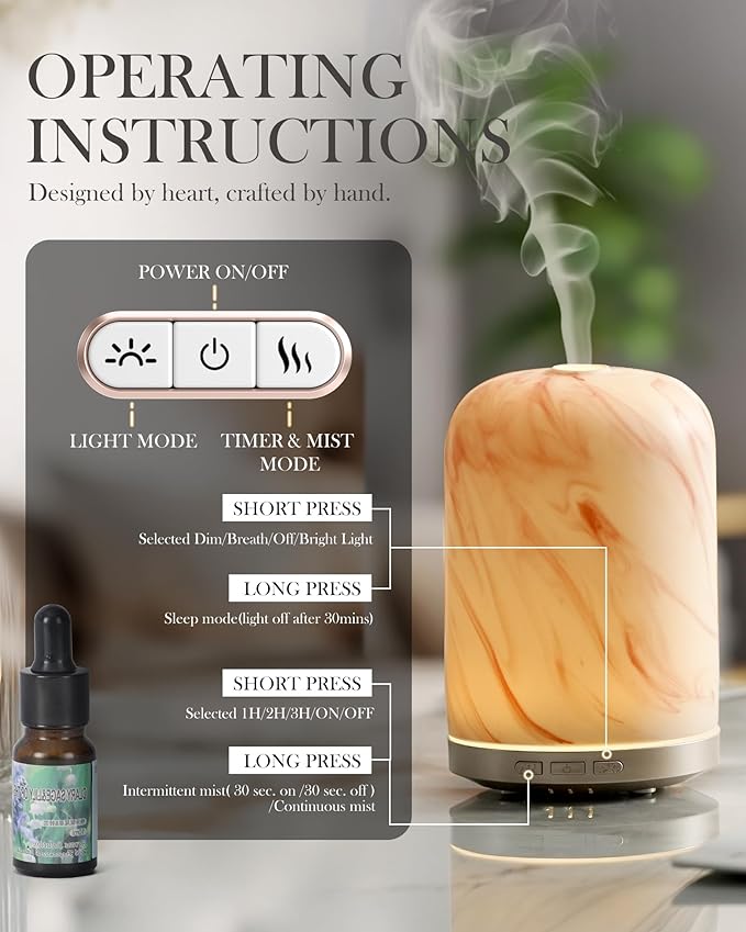 Onaboviva Essential Oil Diffuser - 2.4MHz Ultrasonic Ceramic Diffuser for Home, 120ml, Pulse&Continuous Mist, Bright/Dim/Breathing Lighting, Waterless Auto-Off, Aromatherapy Diffuser with USB Cable