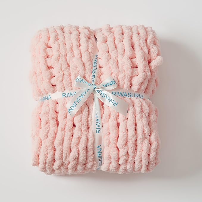 Luxury Chunky Knit Blanket Throw, Handmade Thick Chenille Yarn Throw 40"x40", Blush Pink Cable Knit Crochet Blanket, Decorative Cozy and Soft Crochet Throw Blanket for Couch Home Decor
