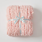 Luxury Chunky Knit Blanket Throw, Handmade Thick Chenille Yarn Throw 40"x40", Blush Pink Cable Knit Crochet Blanket, Decorative Cozy and Soft Crochet Throw Blanket for Couch Home Decor