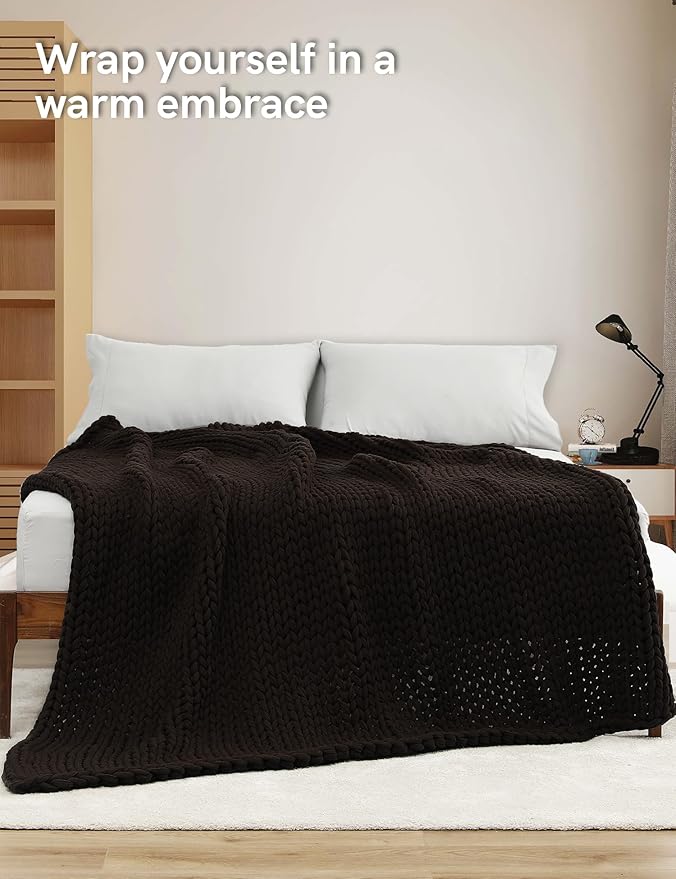 YnM Cotton Weighted Blanket, Handmade Chunky Knitted Design, Soft and Cozy, Temperature Regulating and Breathable, Machine Washable Throw for Sleep or Home Decor (Chocolate Brown, 48x72 Inch, 20lbs)