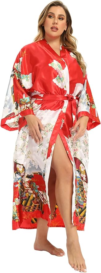 Women's Floral Long Satin Robes Plus Size Long Silk Robes Peacock Floral Kimonos Sleepwear Dressing Gown