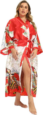 Women's Floral Long Satin Robes Plus Size Long Silk Robes Peacock Floral Kimonos Sleepwear Dressing Gown