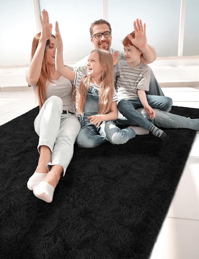 Macgace Fluffy Area Rugs for Bedroom Decor Aesthetic, 5x7 Black Shag Rug with Non-Slip Dots for Living Room, Furry Plush Mat Washable Fuzzy Carpet Modern Home Decor for Kids Nursery Gothic Room