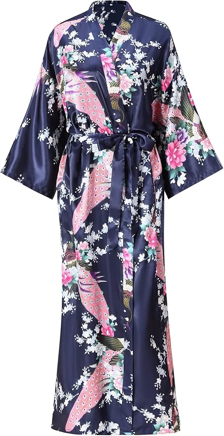 Women's Floral Long Satin Robes Plus Size Long Silk Robes Peacock Floral Kimonos Sleepwear Dressing Gown