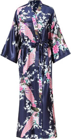 Women's Floral Long Satin Robes Plus Size Long Silk Robes Peacock Floral Kimonos Sleepwear Dressing Gown