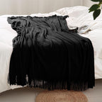 Homiest Decorative Knitted Throw with Fringe, Lightweight Acrylic Knit, Soft Tassel for Couch, Sofa, Bed (Black, 50 x 60 Inch)