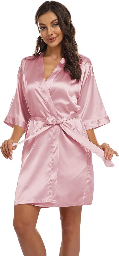 Women's Pure Short Kimono Robes Bride Bridesmaids Silky Bathrobe Lightweight Satin Sleepwear