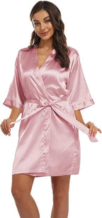 Women's Pure Short Kimono Robes Bride Bridesmaids Silky Bathrobe Lightweight Satin Sleepwear