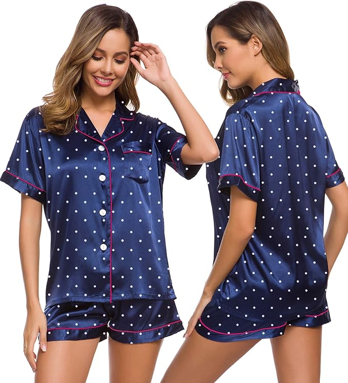 SWOMOG Womens Silk Satin Pajamas Set Short Sleeve Sleepwear Button Down Top and Shorts Loungewear 2 Piece Pjs Set XS-3XL