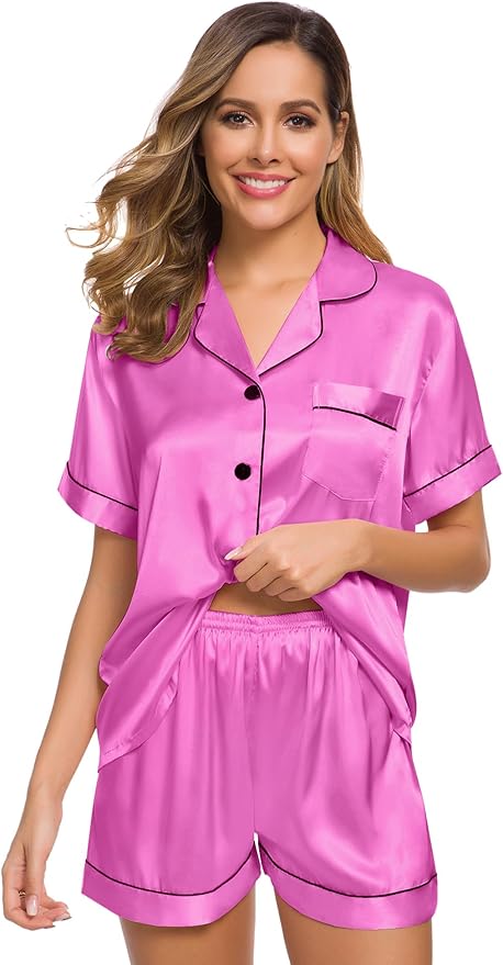 SWOMOG Womens Silk Satin Pajamas Set Short Sleeve Sleepwear Button Down Top and Shorts Loungewear 2 Piece Pjs Set XS-3XL