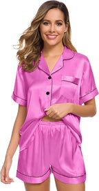 SWOMOG Womens Silk Satin Pajamas Set Short Sleeve Sleepwear Button Down Top and Shorts Loungewear 2 Piece Pjs Set XS-3XL