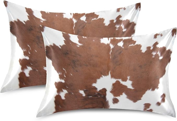 Farm Animal Cow Brown Cowhide Print Satin Pillowcase for Hair and Skin, Cow Skin Pattern Silk Pillow Case with Envelope Closure, Standard Size 20x26 inches, 1 PC