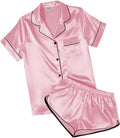Ekouaer Womens Silk Satin Pajamas Short Sleeve PJS Shorts Set Soft Button Down Sleepwear 2 Piece Loungewear S-5XL