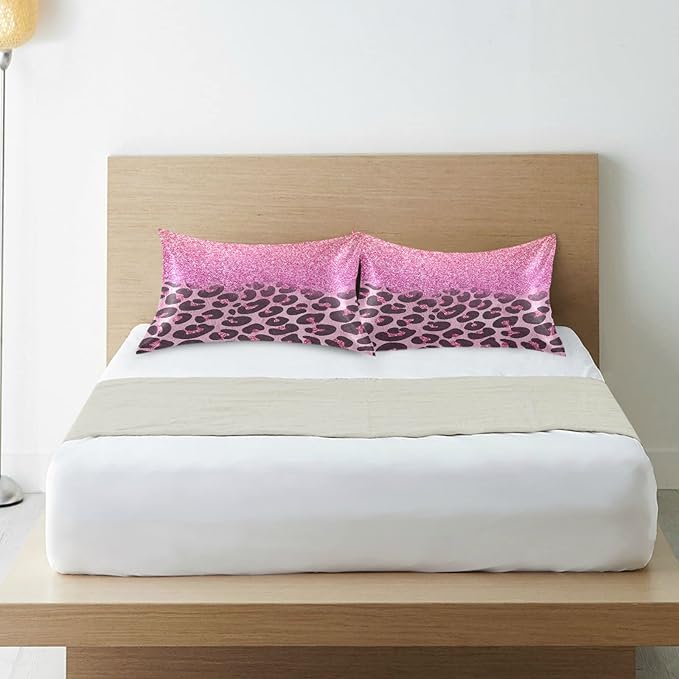 Satin Pillowcase for Hair and Skin, Pink Glitters Leopard Prints Silk Pillowcase Soft and Cozy Body Pillow Covers, Standard Size Satin Pillow Cases with Envelope Closure(20x26 Inch), 1PC