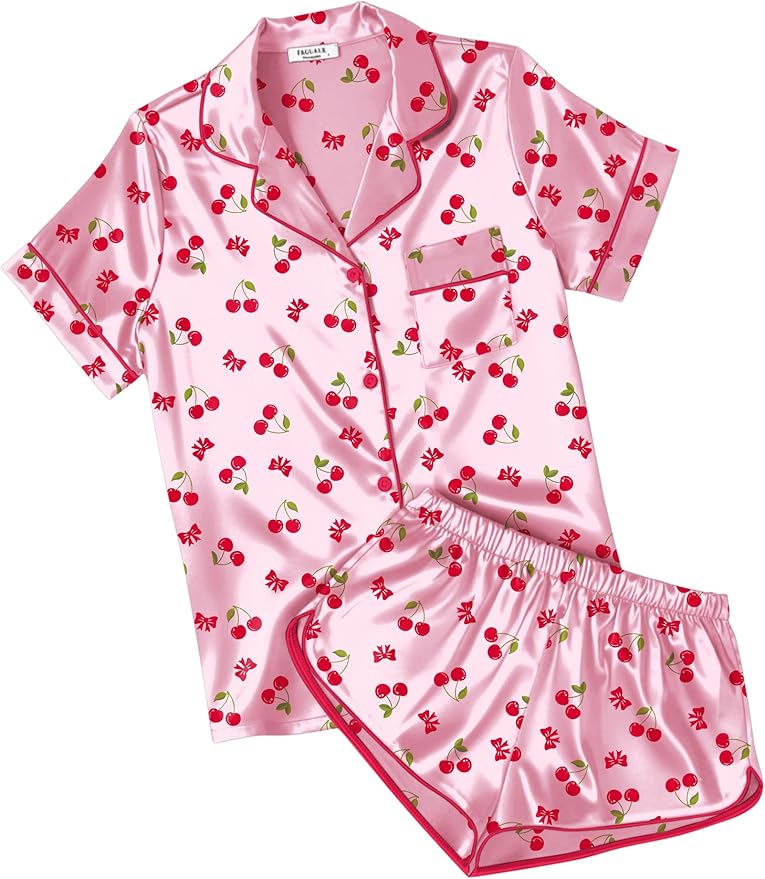 Ekouaer Womens Silk Satin Pajamas Short Sleeve PJS Shorts Set Soft Button Down Sleepwear 2 Piece Loungewear S-5XL