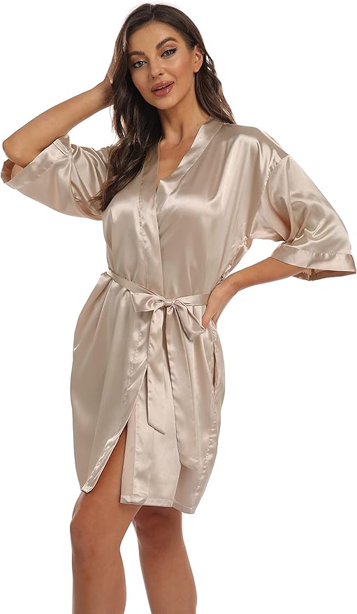 Women's Pure Short Kimono Robes Bride Bridesmaids Silky Bathrobe Lightweight Satin Sleepwear