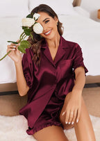 Ekouaer Satin Pajama Set for Women Button Down Silk 2 Piece Pj Sets Ruffle Short Sleeve Sleepwear
