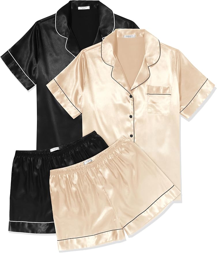 Ekouaer 2 Pack Pajama Sets for Women Silk Satin Pj Short Sleeve Button Down Sleepwear Top and Shorts Summer Lounge Set S-XXL