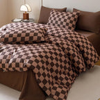 CLOTHKNOW Dark Brown Plaid King Size Comforter Set 3Pcs Grid Bedding Comforter Sets Soft Checker Geometric Comforter with 2 x Pillow Cases