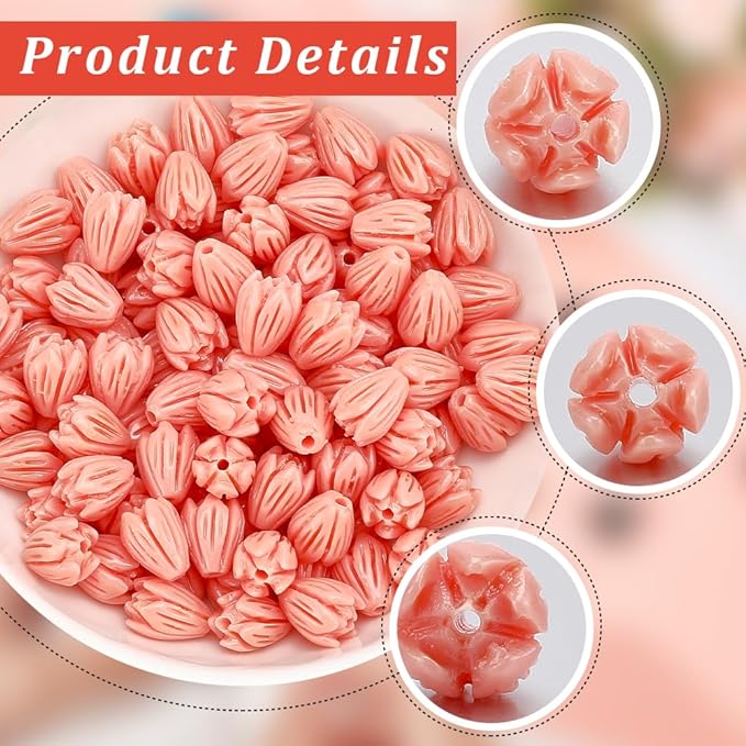 100Pcs 7x9mm Hawaii Flower Beads Carved Coral Beads Summer Pink Jasmine Artificial Floral Synthetic Coral Small Smooth Loose Spacers Findings for Jewelry Making Bracelets Necklaces DIY Crafts