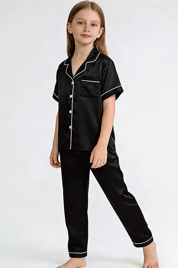 Hupohoi Unisex Girls Boys Kids Pajama Sets Button Down Satin Sleepwear Nighty 3PCS Silky Lounge Sets Nightwear