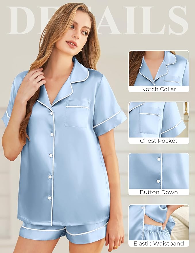 Silk Pajamas for Women Short Sleeve Sleepwear Soft Button Down Loungewear 2 Piece Satin Pjs Shorts Set S-XXL
