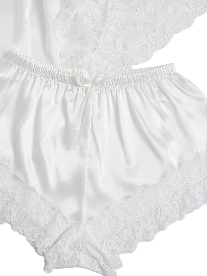 WDIRARA Women' Silk Satin Pajamas Set 4pcs Lingerie Floral Lace Cami Sleepwear with Robe