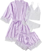 WDIRARA Women' Silk Satin Pajamas Set 4pcs Lingerie Floral Lace Cami Sleepwear with Robe